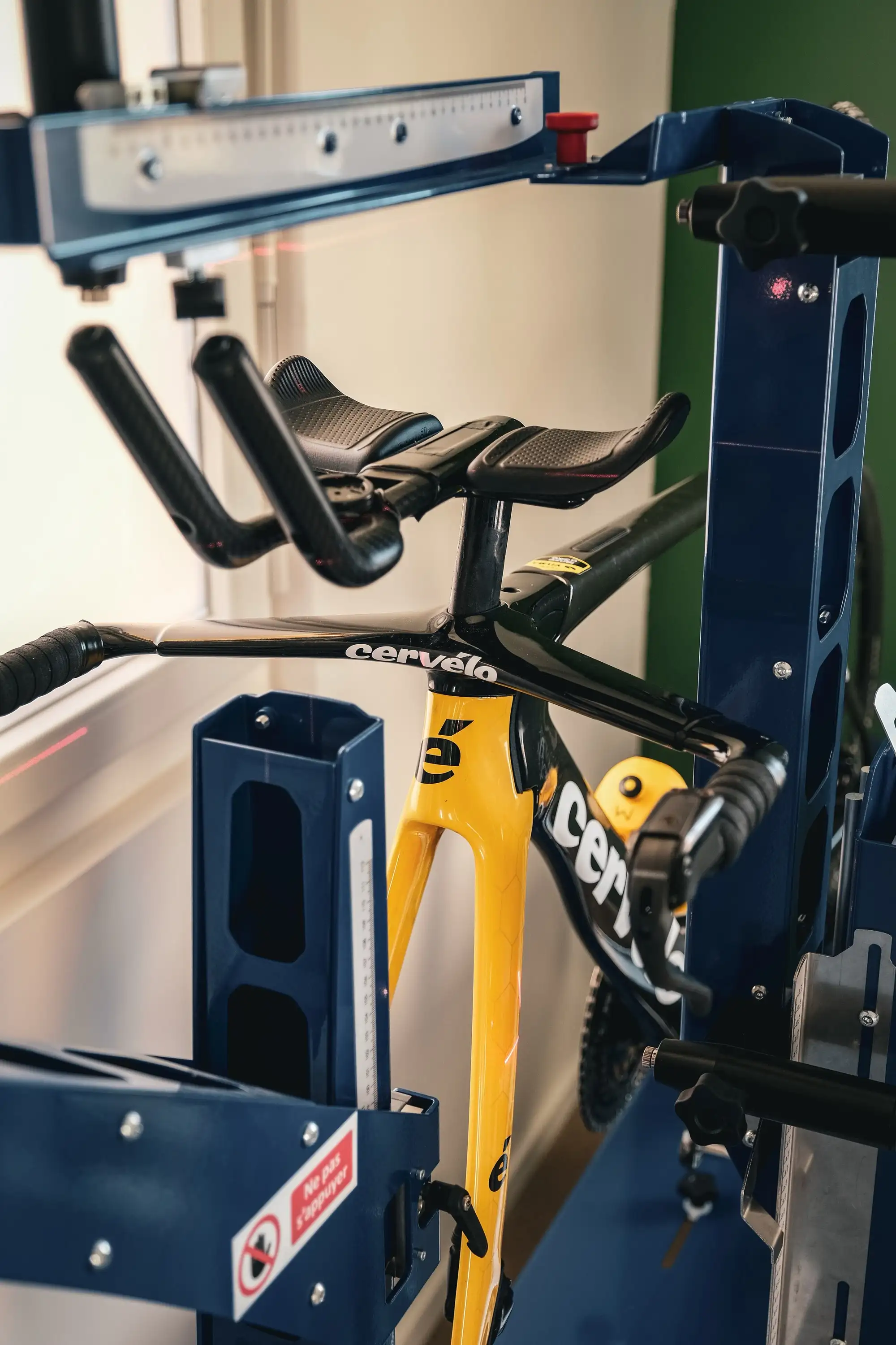 Time trial bike set up on the bike fitting station for a triathlete